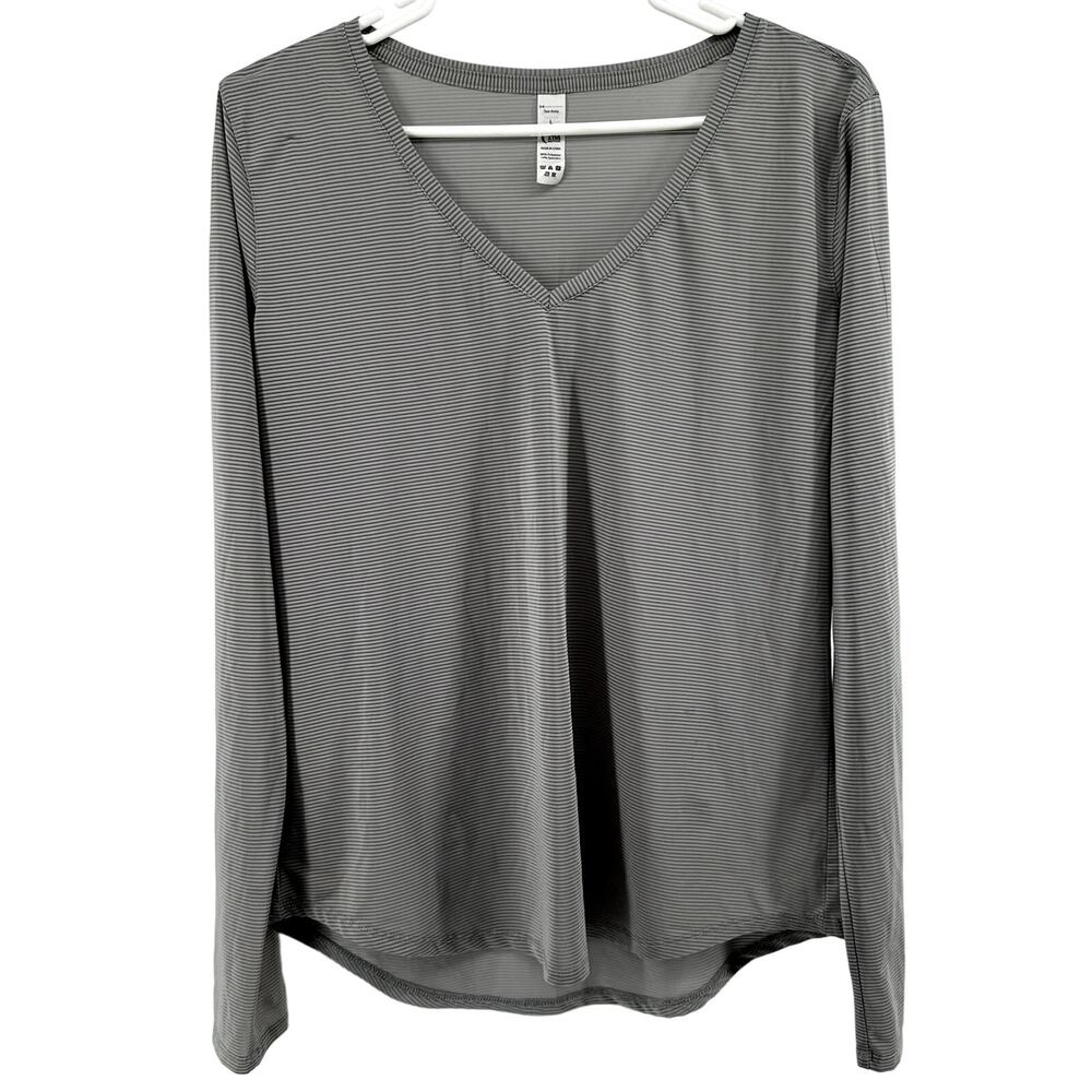 Zyia Active V Neck Long Sleeve Workout Top Striped Logo Pullover Gray Large